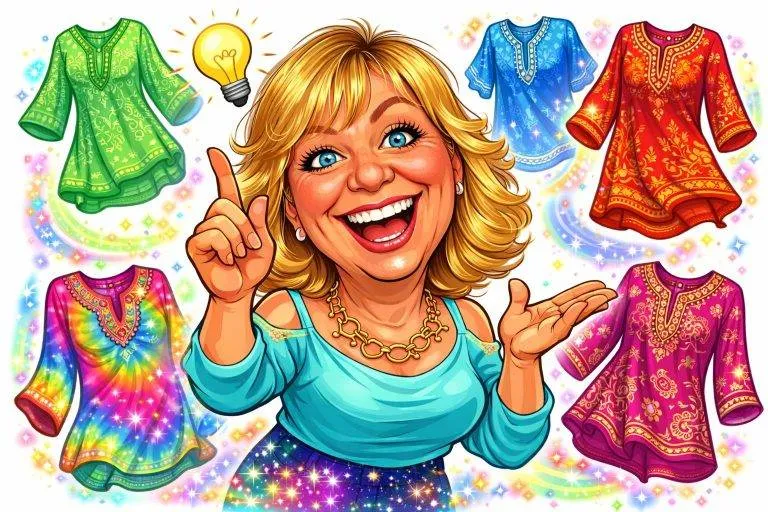 Boho Tunika Auswahl: Cartoon Frau präsentiert farbenfrohe Tuniken. Jetzt die perfekte Sommer Tunika entdecken!
