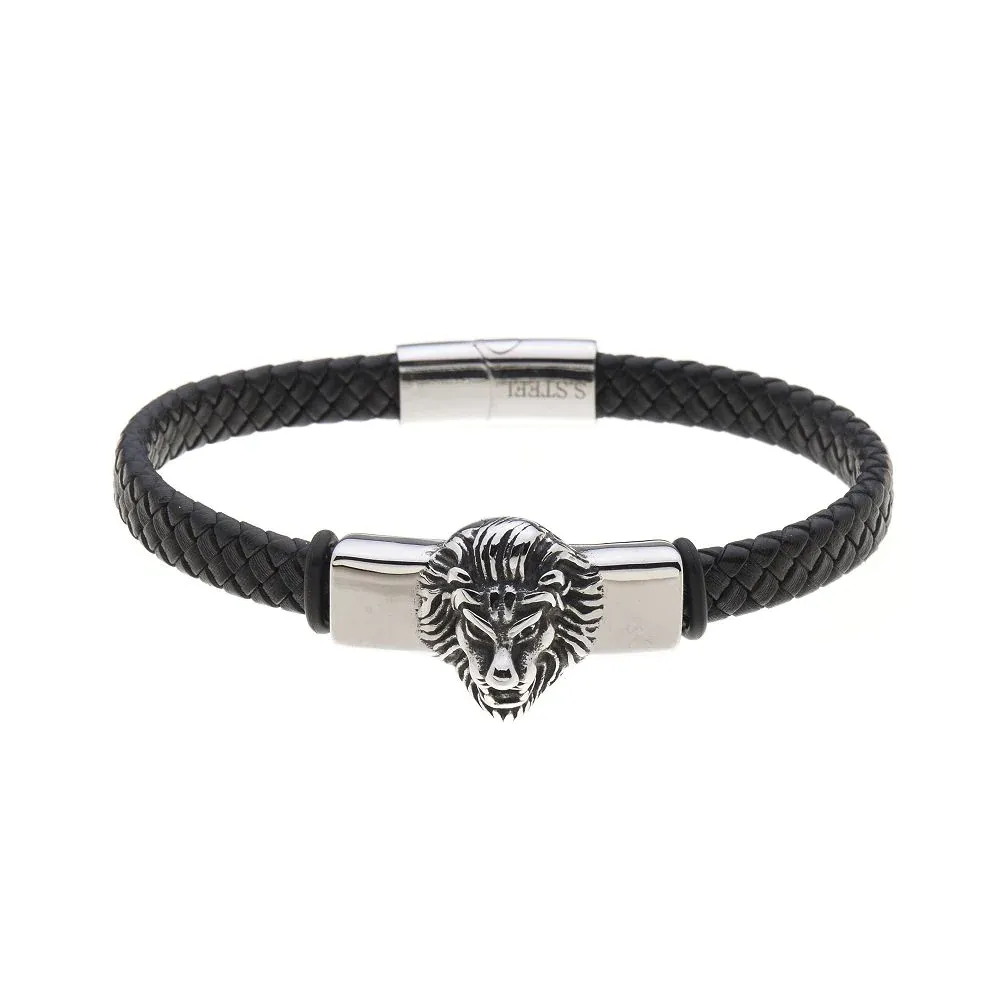 Blackpond Lederarmband - ein elegantes, schwarzes, geflochtenes Lederarmband mit silberner Schließe und Löwenkopf, das jedem Outfit einen kühnen, stilvollen Touch verleiht.