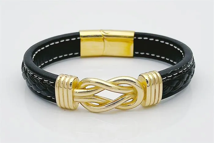 Stilvolles Knots Unisex Armband: Schwarzes geflochtenes Leder mit goldenem Knoten-Detail und Verschluss. Zeitloses Accessoire für jeden Anlass.