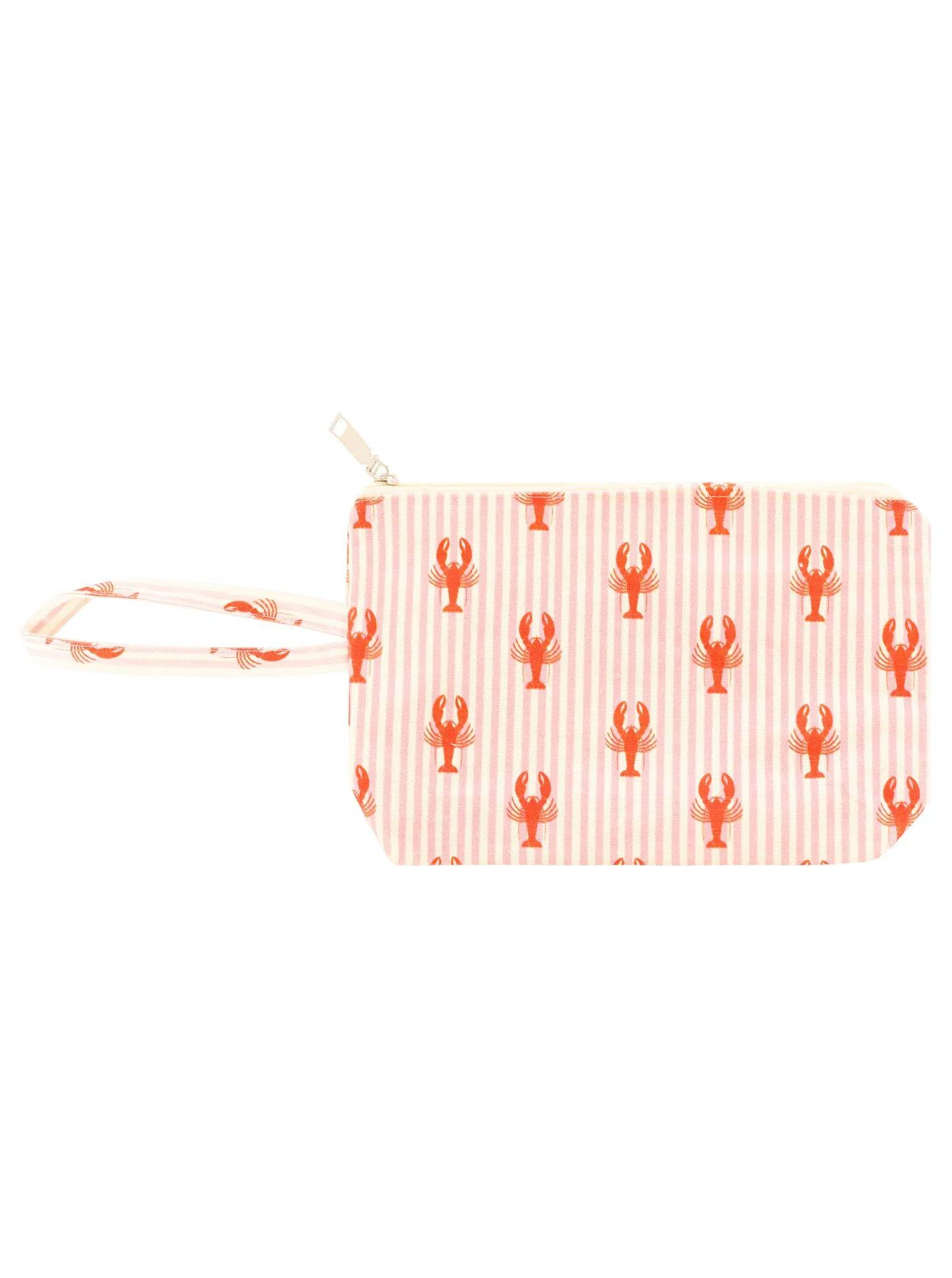 Shoppen Sie die Beauty Lobster Tasche - ein rechteckiges Armband mit Reißverschluss und Schlaufe, mit stilvollen roten Hummern auf rosa und weißen Streifen für ein auffälliges Flair.