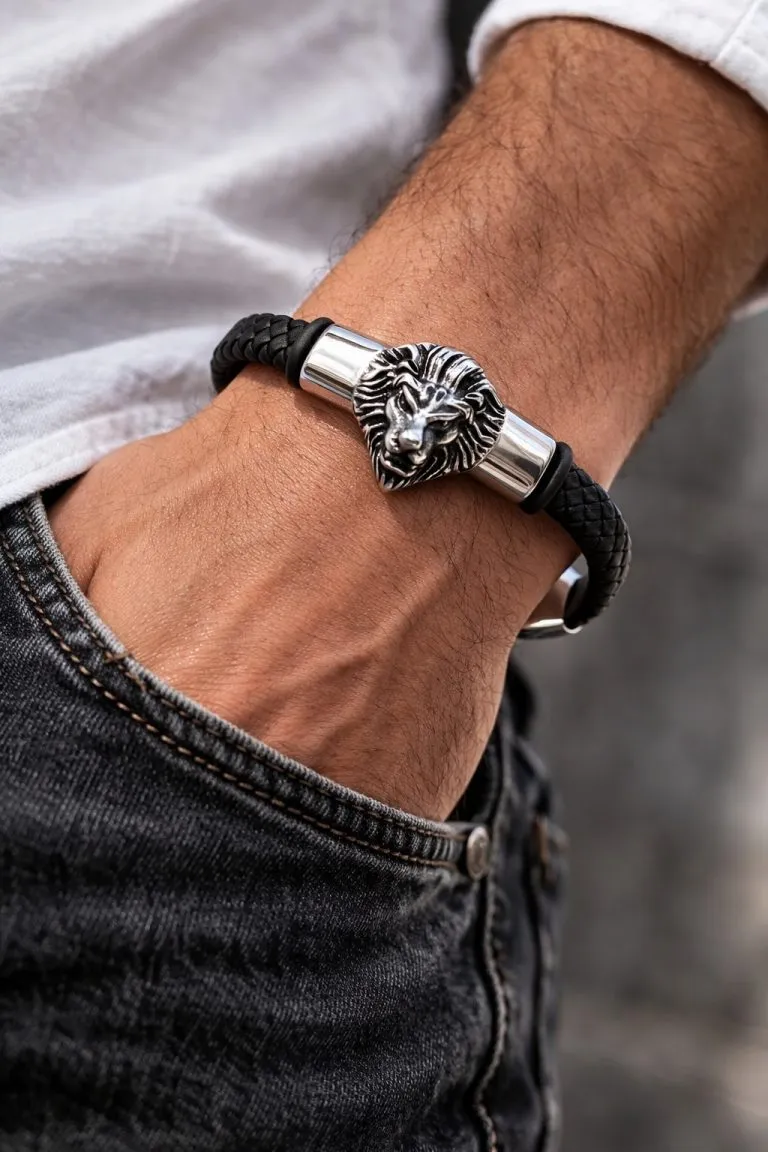 Blackpond Lederarmband mit silbernem Löwenkopf-Anhänger; hochwertiges Leder, gewagtes Design, perfekt für vielseitiges und stilvolles Tragen im Alltag.