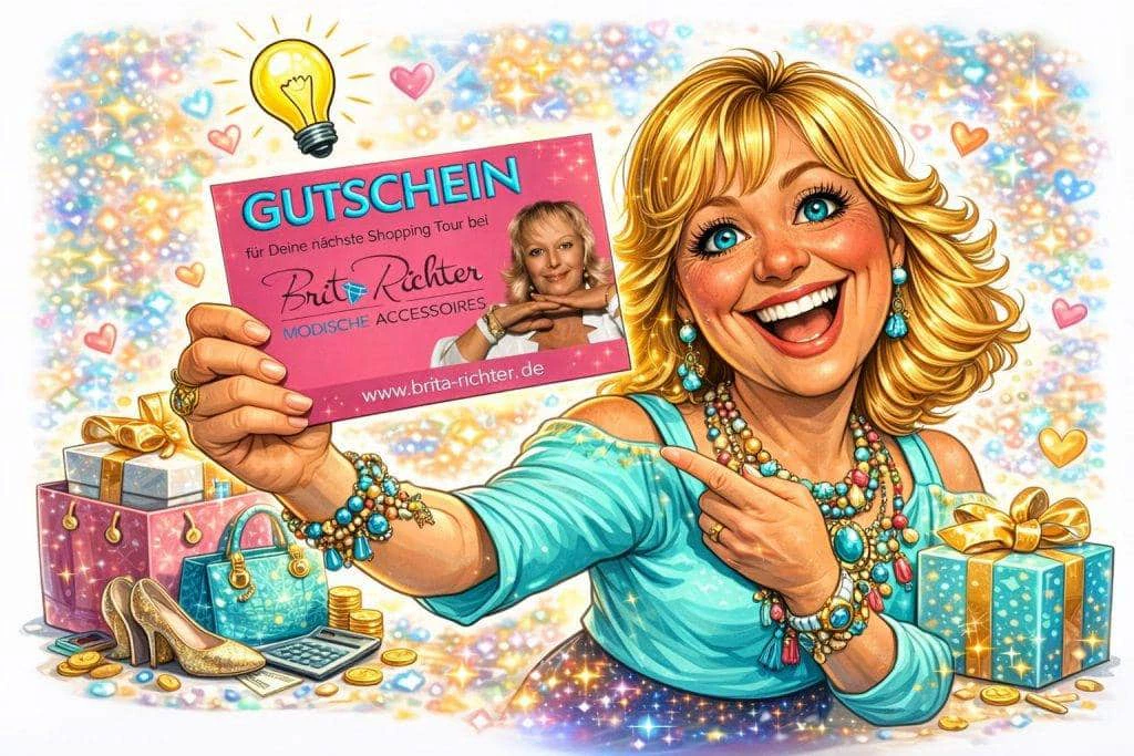 Eine glückliche Frau zeigt eine Brita Richter Modische Accessoires Geschenkkarte, ideal für stilvolles Einkaufen - das perfekte Geschenk für Modefans.