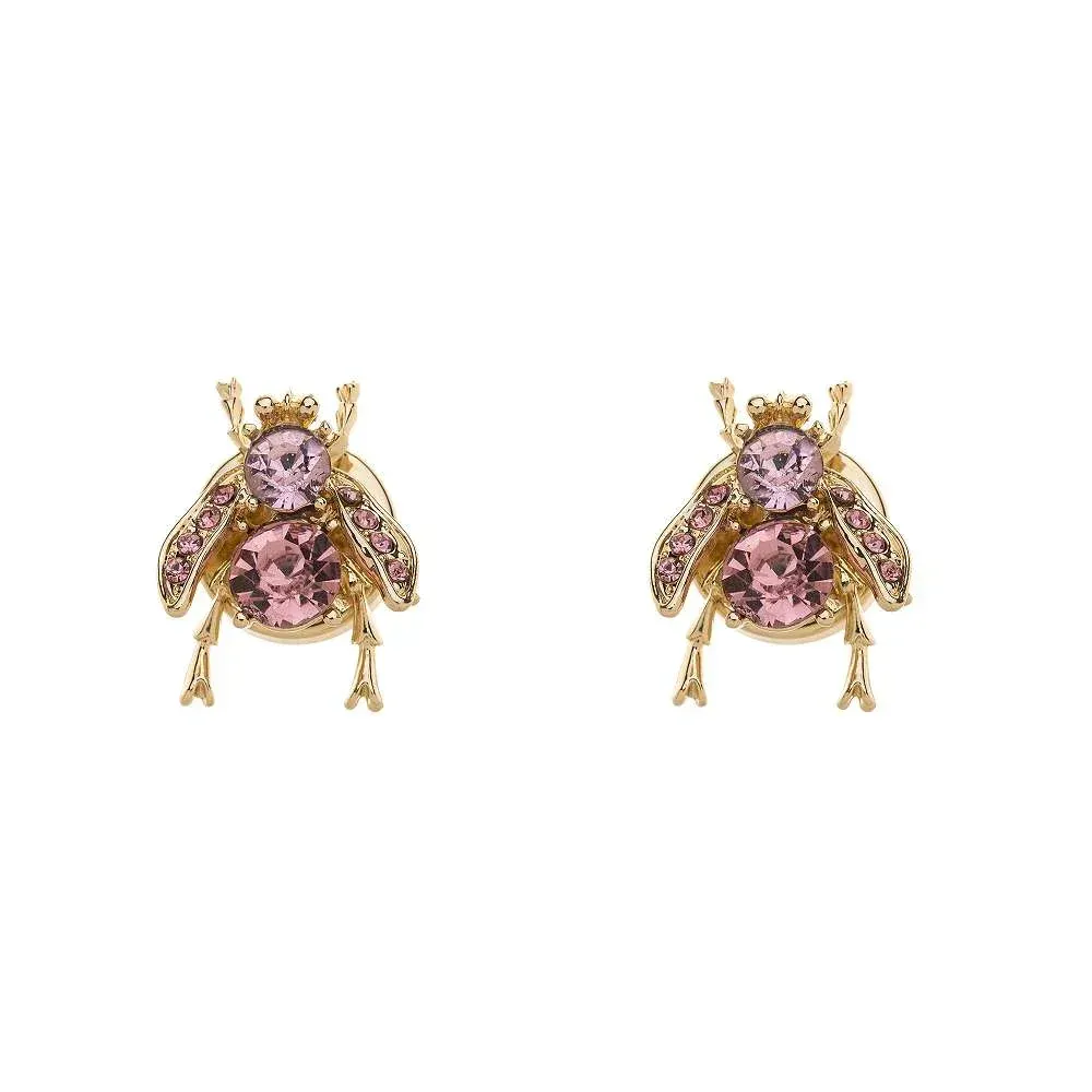 Kristall-Biene Knopfclips: Goldfarbene Ohrringe mit rosa Kristallen in Bienenform.