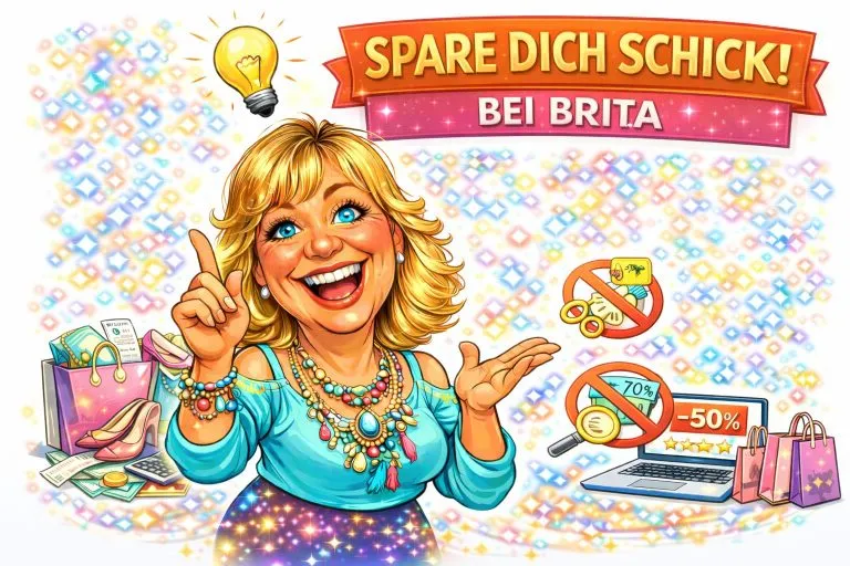 Günstige Mode online kaufen: Cartoon-Frau mit Idee, Laptop, Rabatten und Einkaufstüten bei Brita. Spare dich schick!