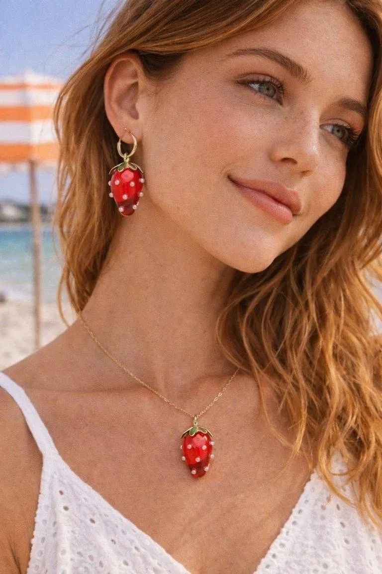 Sommerliche Erdbeer-Ohrringe am Model. Erdbeer Schmuck, Ohrstecker und Halskette mit Erdbeeren. 