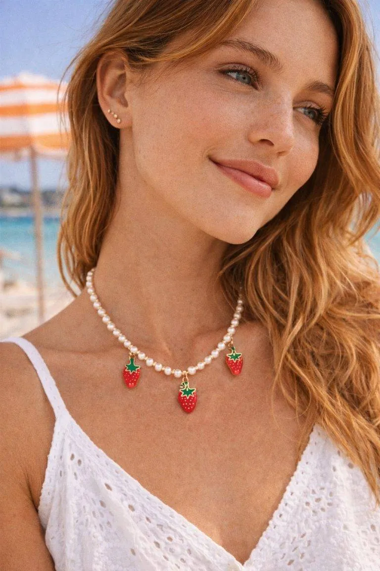 Erdbeer Perlenkette am Model: Sommerliche Halskette mit Erdbeer-Anhängern. Modeschmuck für Damen.
