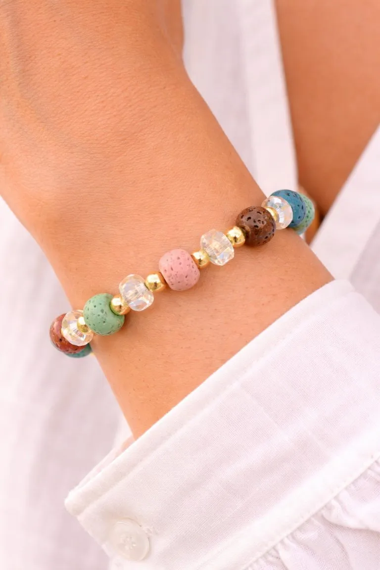 Close-up of a wrist wearing a colorful 